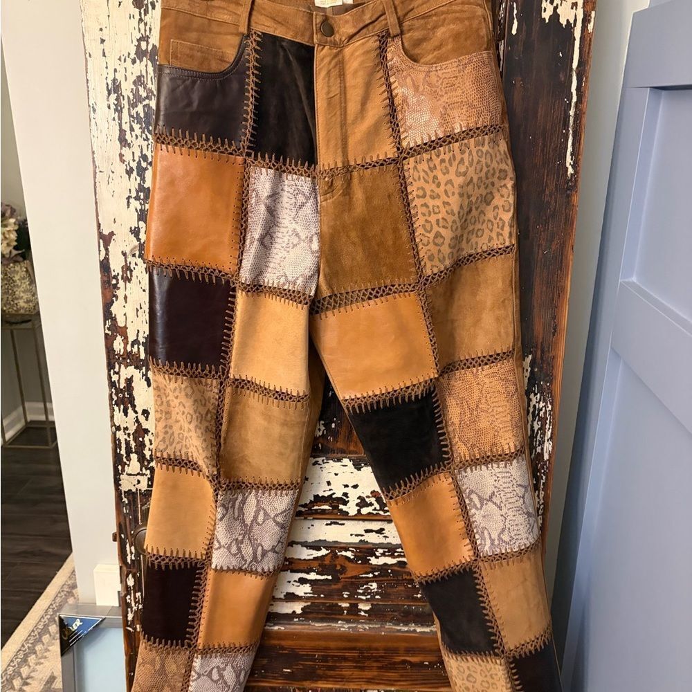 Margaret Godfrey vintage animal print Patchwork Leather Pants size 12.